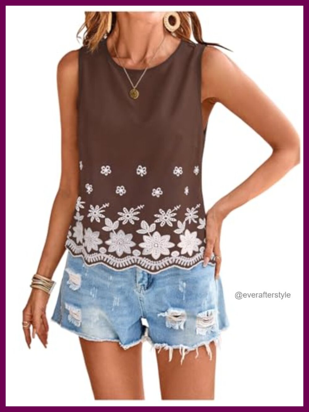Eyelet Boho Floral Embroidery Tank Top Sleeveless Summer Vacation